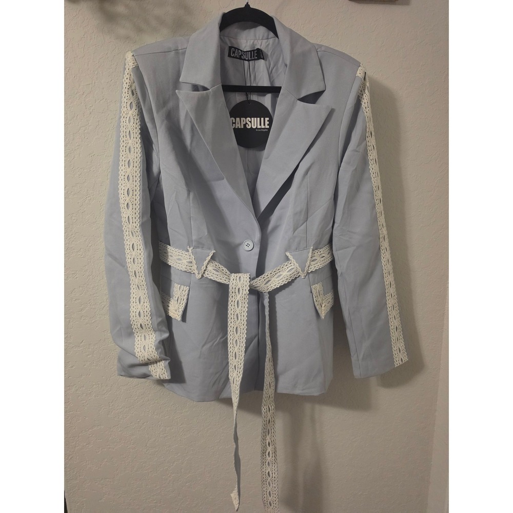 Capsulle‎ Light Blue Lace Trim Pant Suit Set Blazer Wide Leg Trousers L NEW